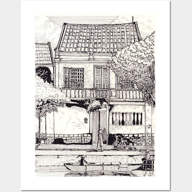 Townhouse in Hoi An Vietnam Pen and Ink Illustration Wall Art by Wall-Art-Sketch